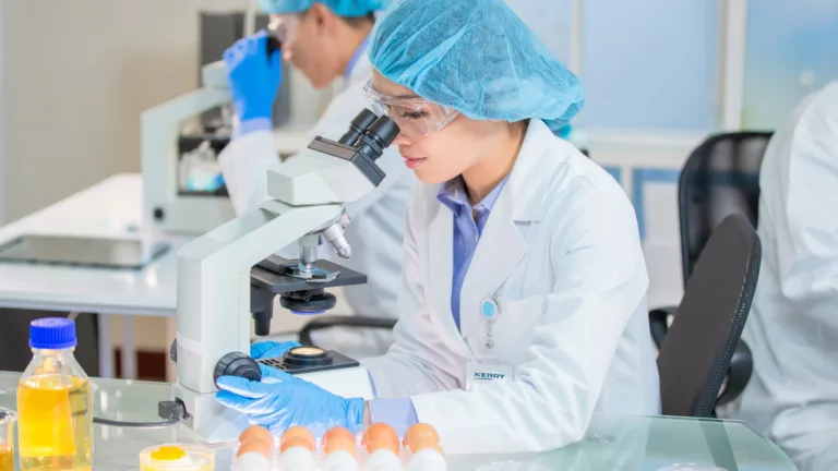 Cientista analisando amostras ao microscópio em um laboratório de alimentos