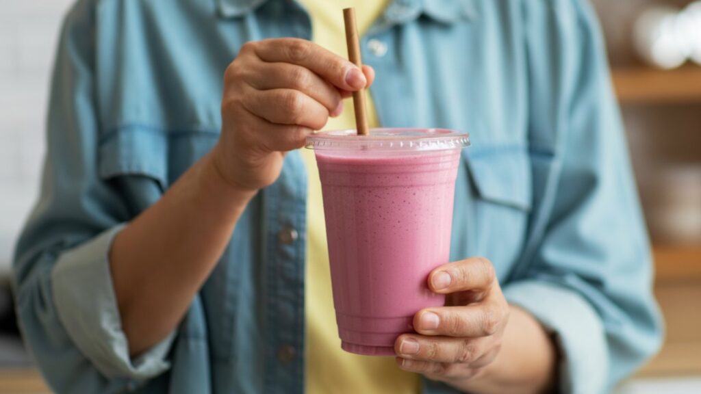 Consumidora sosteniendo un smoothie proteico, categoría de bebidas con mayor crecimiento en declaraciones de proteína