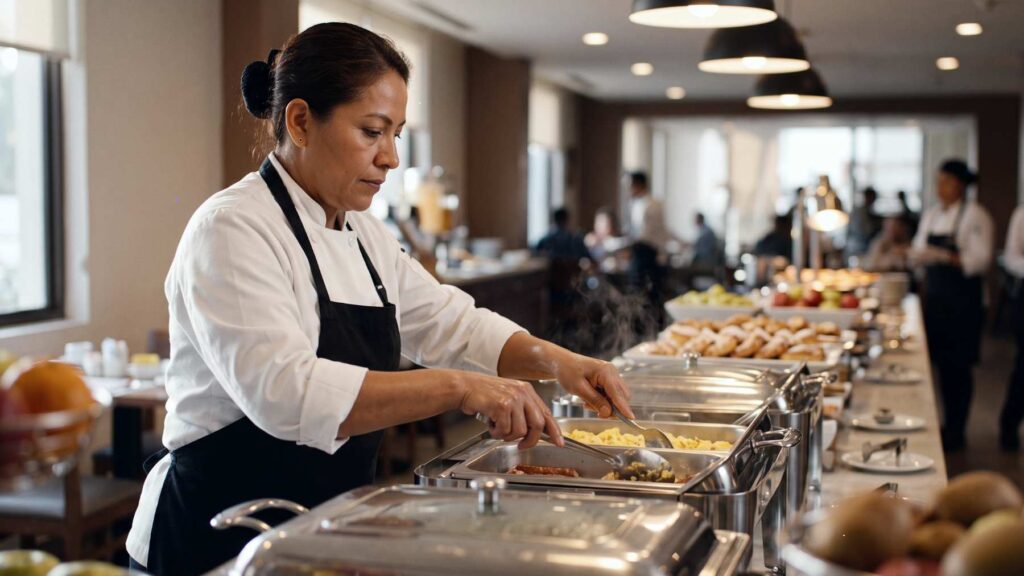 Chef reponiendo buffet de desayuno en un hotel, escenario de baja previsibilidad y riesgo de sobrantes