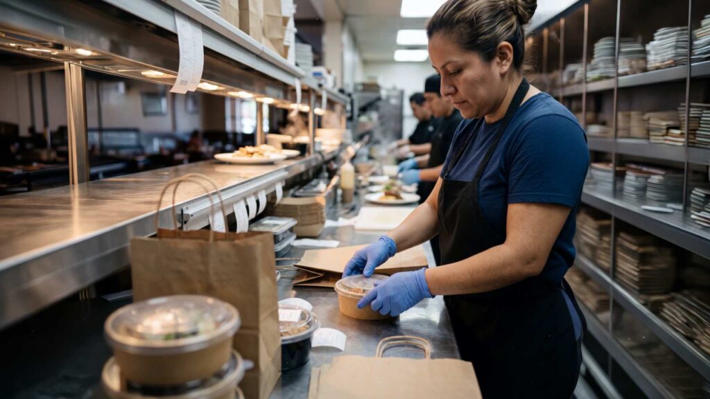 Operaria armando un pedido de delivery en la cocina de un restaurante, estandarización que reduce retrabajo y pérdidas