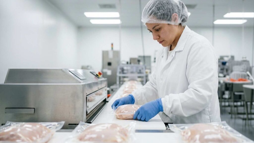 Operaria empacando pechuga de pollo fresco en línea industrial, etapa decisiva para la extensión de la vida útil