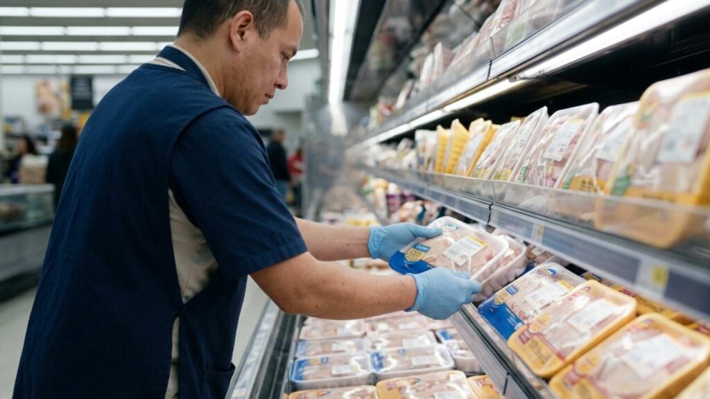 Repositor organizando bandejas de pollo en góndola refrigerada de supermercado, reduciendo pérdidas en el punto de venta