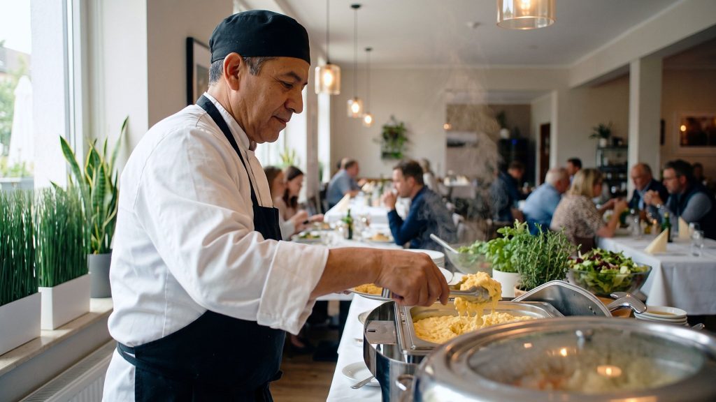 Chef sirviendo platos en el buffet de un restaurante, experiencia sensorial que influye en las decisiones de consumo
