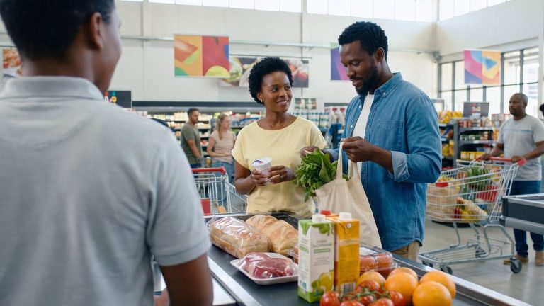 Casal no caixa do supermercado com alimentos frescos e bebidas, momento de decisão de compra no varejo
